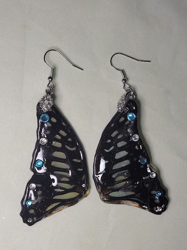 Real Butterfly Wing Earrings - Blue Crystals