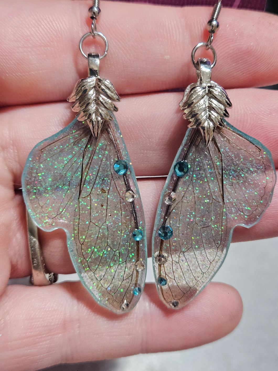 Real Cicada Wing Earrings - Blue with Blue & White Stones