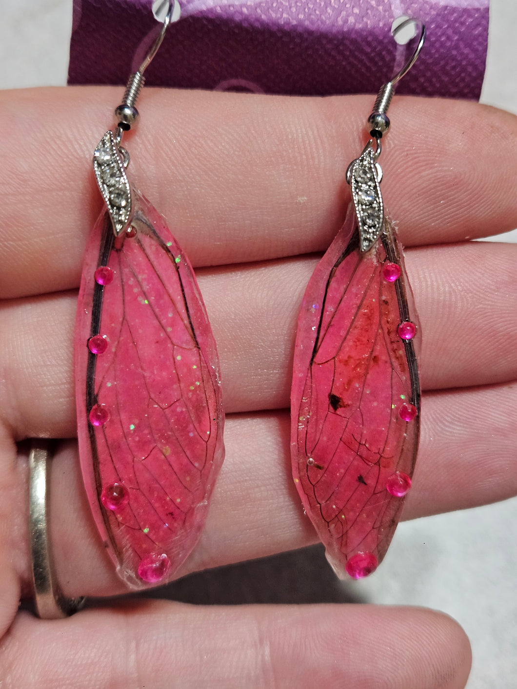 Real Cicada Wing Earrings - Neon Pink